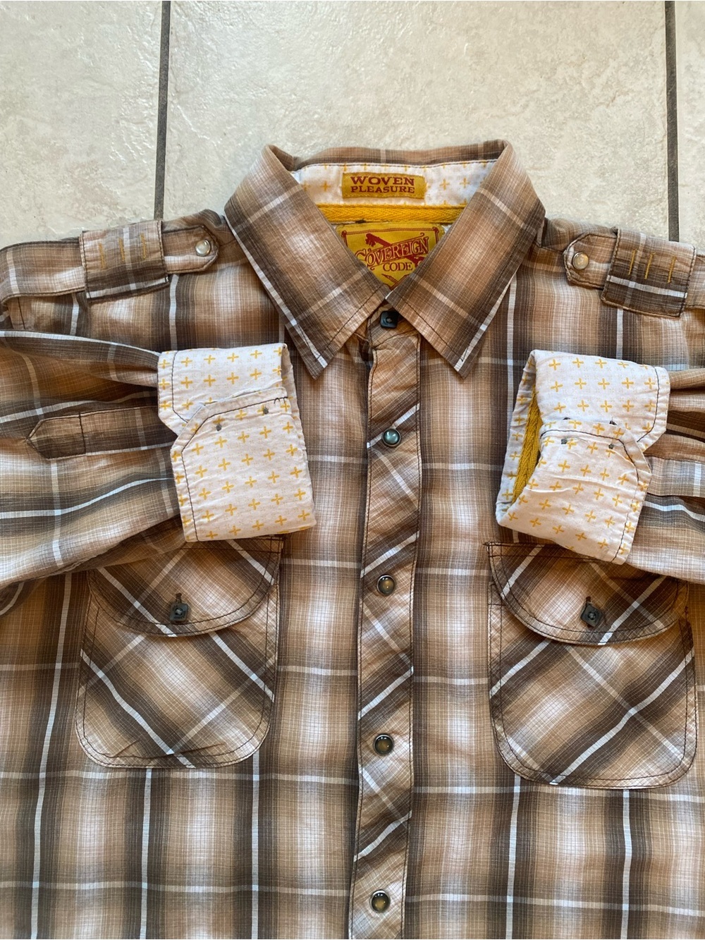 Sovereign Code Brown Plaid Flannel Mens L Epaulet Modern Utilitarian Shirt